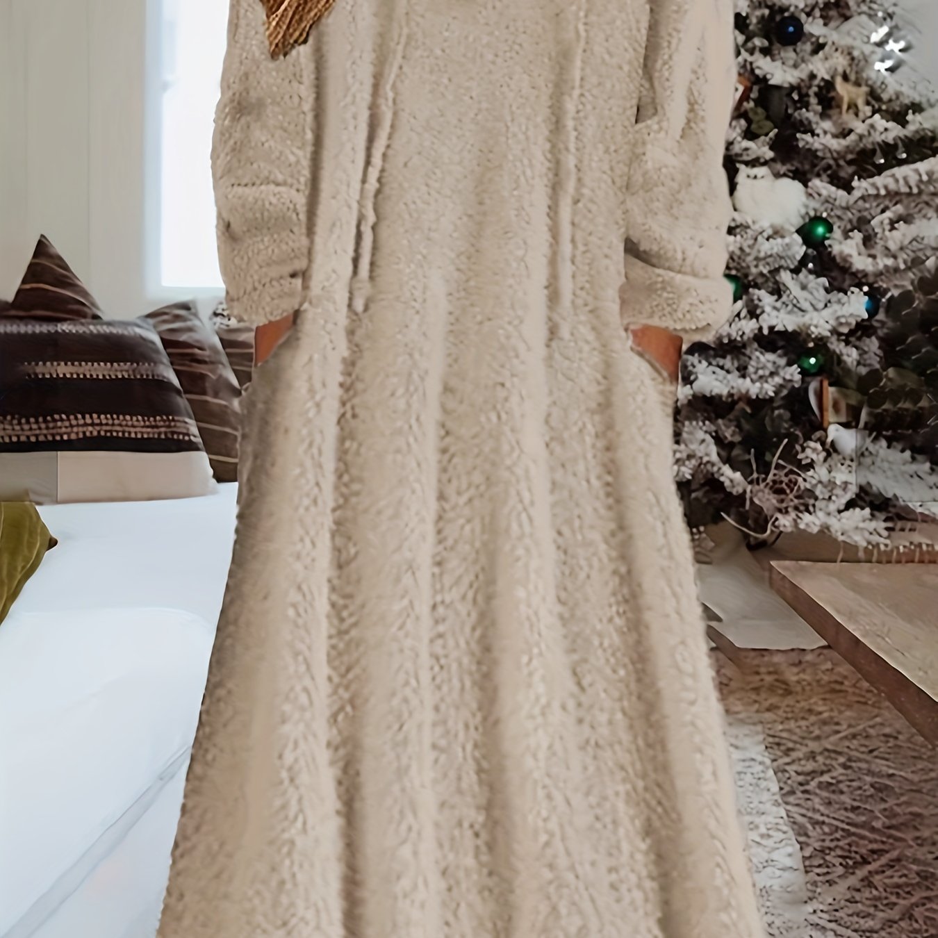 Cozy Plus Size Hooded Fleece Dress with Pockets - Long Sleeve, Drawstring Comfort for Everyday Wear