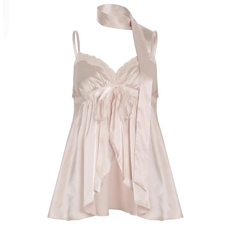 Kawaii Bandage Lace Pink Camisole Women Sexy Sweet Patchwork Satin Crop Tops with Slit Summer y2k Vintage Tank Tops Cute