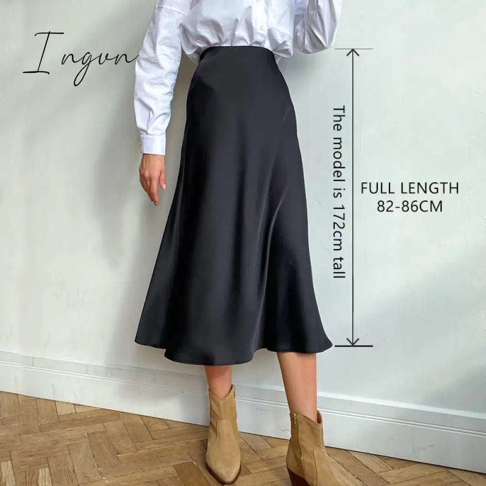 Ingvn - Women High Waisted Skirt  Silk Satin Skirts  A-Line Elegant Skirts Summer Pink Midi Skirt New Korean Style  pencil skirt 2023
