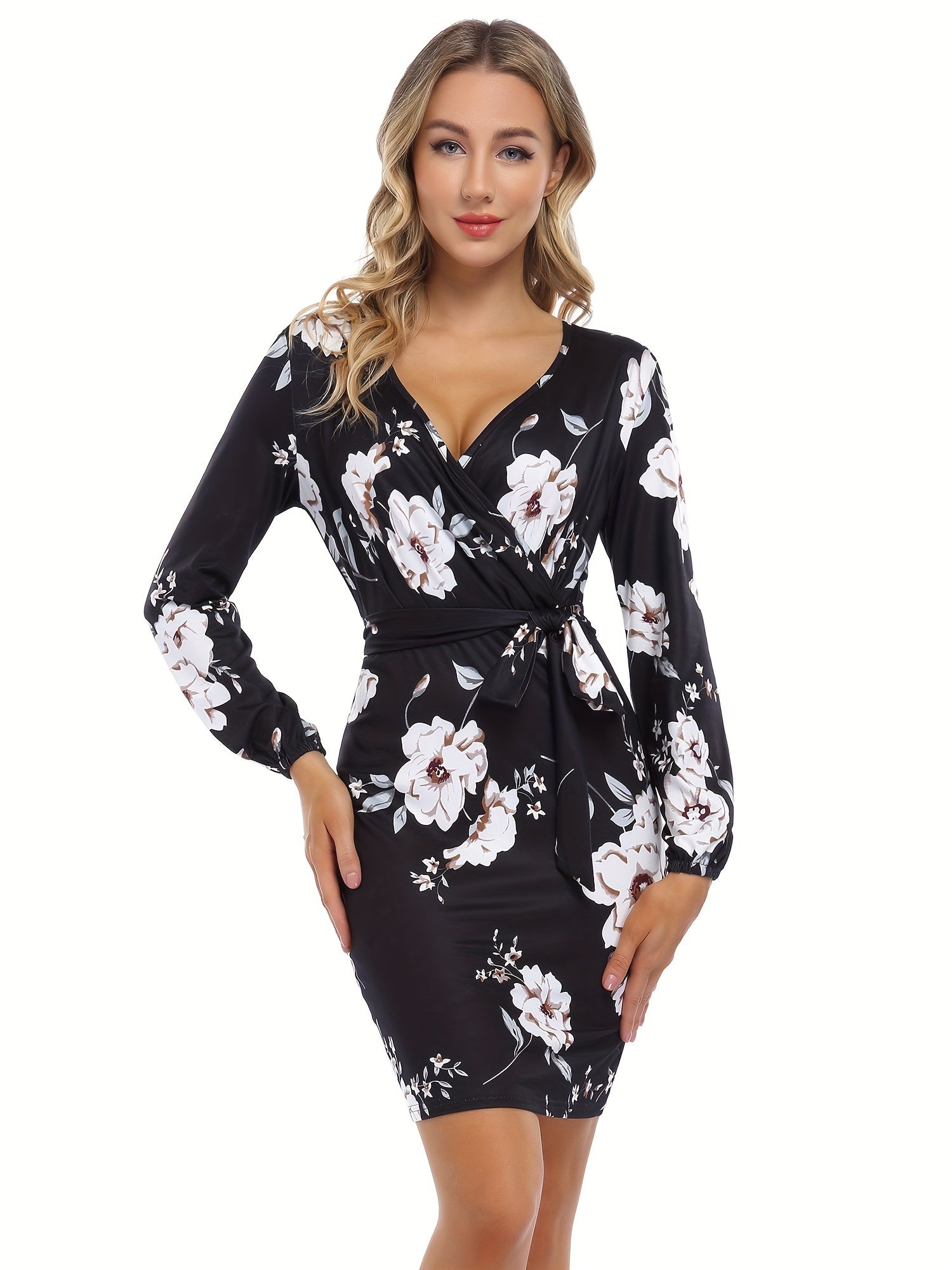 Surplice Neck Long Sleeve Casual Winter Party Wedding Guest Thanksgiving Day Bodycon Pencil Mini Dress for Women
