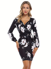 Surplice Neck Long Sleeve Casual Winter Party Wedding Guest Thanksgiving Day Bodycon Pencil Mini Dress for Women