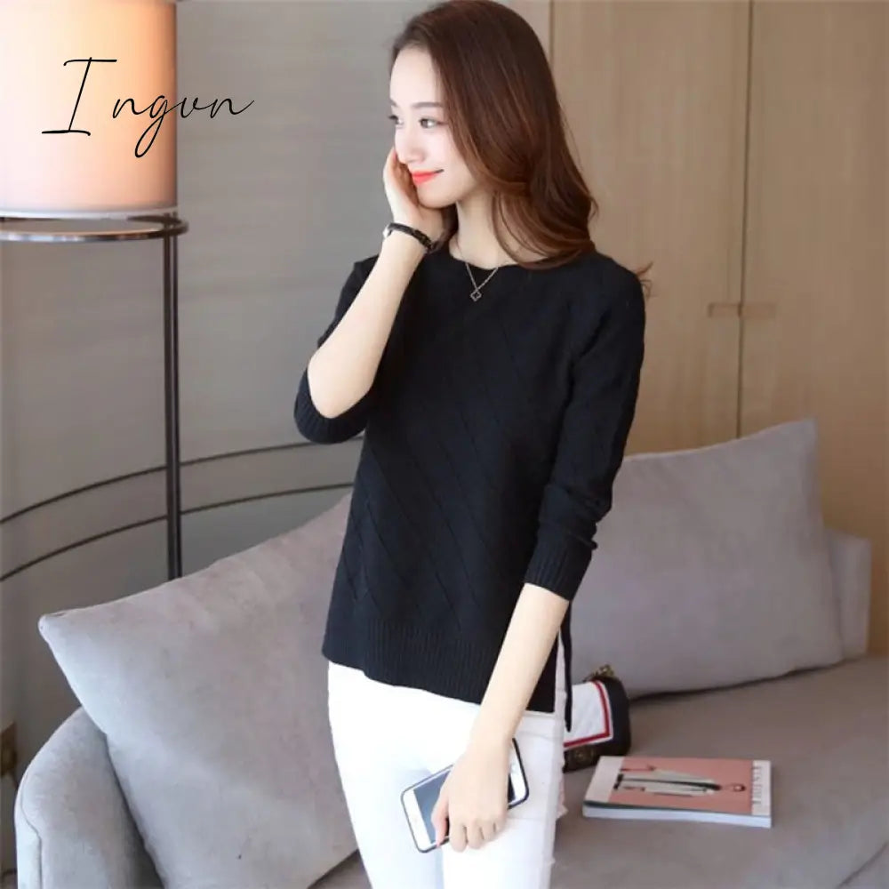 Ingvn - Sweater Women Fall Winter Knitted Sweater Cropped Sweater Korean Fashion 2023 Pullover Sweaters Plaid Clothes Solid Loose Tops