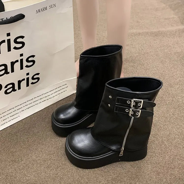 New Autumn Versatile Women's Platform Flat Heel Women's Long Boots Fashion Zipper Rider Botas Casual Goth Knee-high Boots