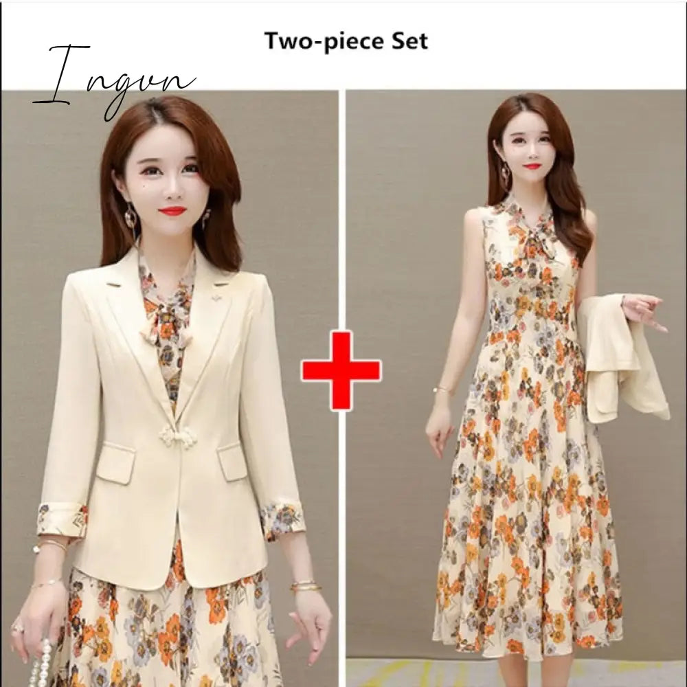 Ingvn - Spring Autumn New Suit Jacket Dress Two-piece Women's Elegant Blazers Floral Long Skirt Set Female Office Professional Wear