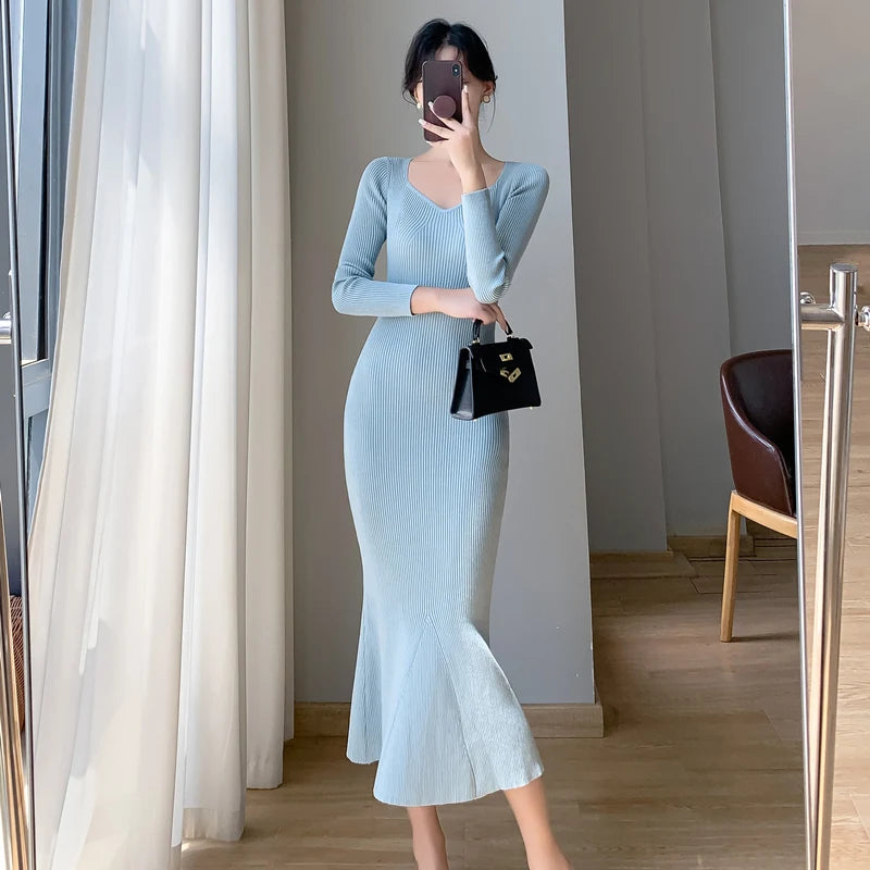 Autumn Knitted Mermaid Dresses for Women Korean Fashion Solid V-neck Long Sleeves Bodycon Party Dress Female Casual Clothing New