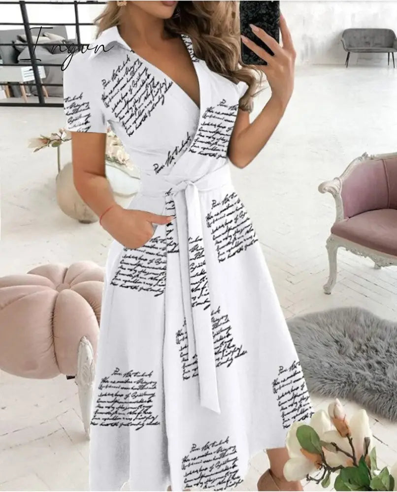 Ingvn - Spring and Summer Fashion New Party Dress Short-sleeved V-neck Retro Dress with Printed Belt