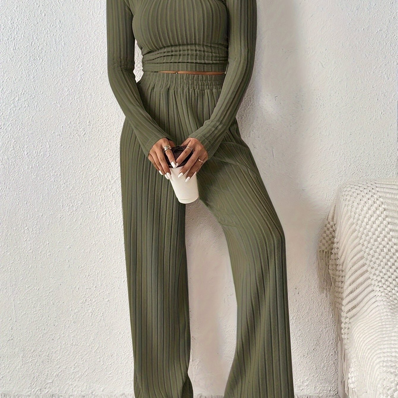 Women'S Fashion Set, Long Sleeve Round Neck Crop Top with Wide Leg Pants, Solid Color, Polyester Knit, Autumn/Winter Collection