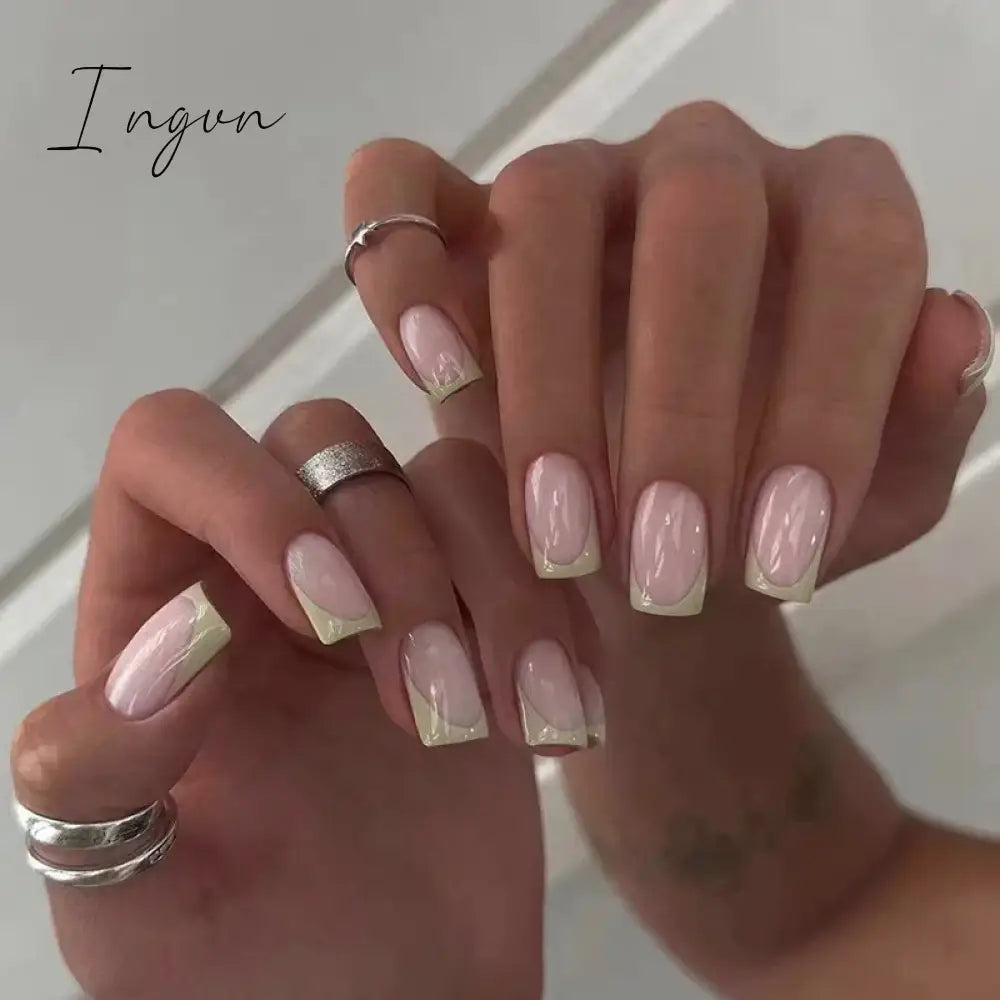 24pcs Mid-length Simple Smudged False Nails Wearable French Ballerina Fake Nails Full Cover Nail Tips Set Press On Nails