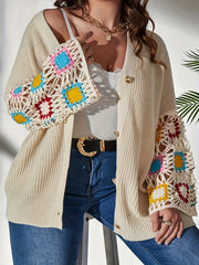 Long Sleeve Women's Color Block Hollow Out Button Cardigan for Spring & Fall Season