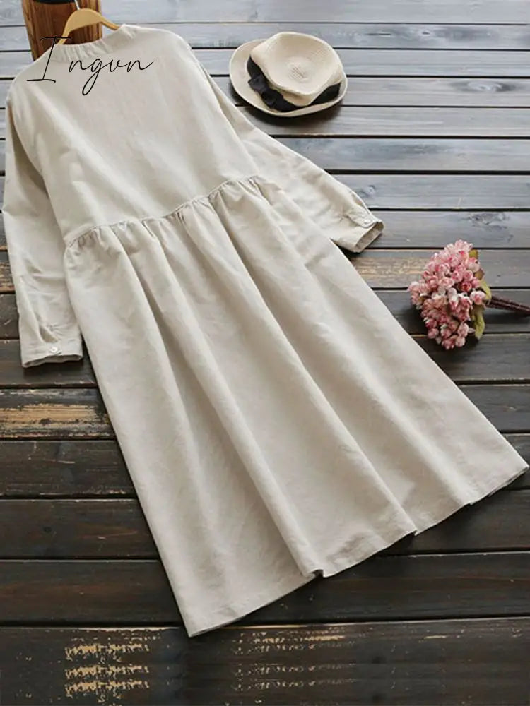 Ingvn - Autumn Embroidery Long Shirt Dress Vintage Women Casual Cotton Vestidos Women Long Sleeve Sundress Kaftan