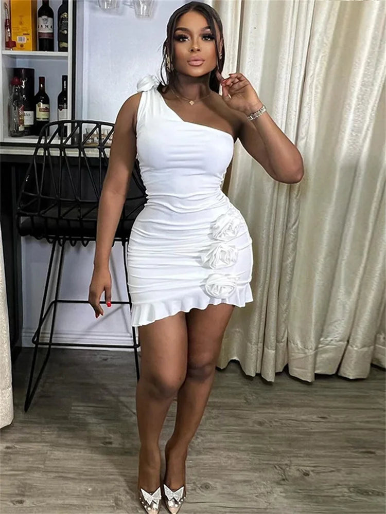 Sexy Incline Shoulder Women Mini Dress Solid Unique Appliques Ruffle Pleated Skinny Vestidos Mujer Classic Party New Frock