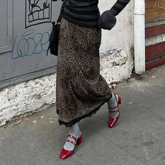Vintage Leopard Print Sheer Mesh Skirt Women's American Style Lace Trimmed Bodycon Dress New Arrival Medium Length Dress