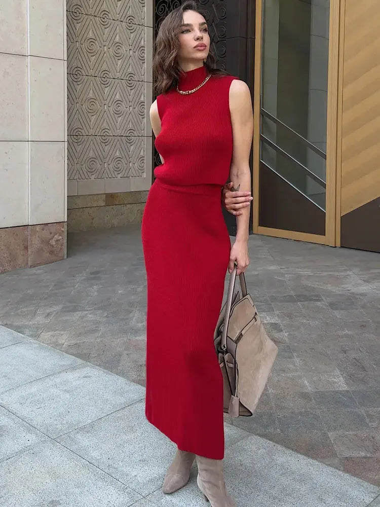 Elegant Knitwear 2 Piece-Set Long Dress Female Ribbed Sweater Pullover And Loose Patchwork Maxi Skirt Sets Ladies Outfits