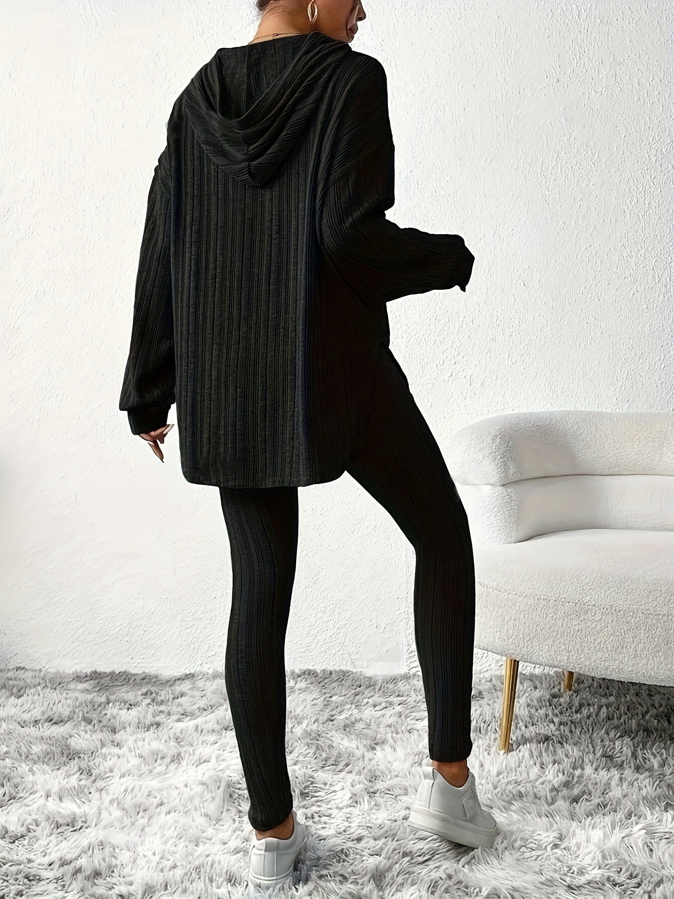 Sleek Duo, Elegant Solid Color Ribbed Hoodie & Leggings Set for Women - Long Sleeve, Polyester Blend, Machine Washable - Perfect for Spring/Fall