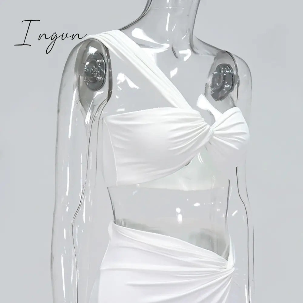 Ingvn - 2023 Fashion Trends Sexy Strapless Wrap Top and Split Maxi Skirts Fall Sleeveless Outfit Two Piece Set Night Club Party Matching Set