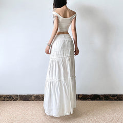 Lace stitching versatile slimming large swing super long dress holiday style casual loose lace-up low waist hot girl solid color skirt