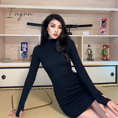 Ingvn - Autumn Long Sleeve Bottom Dress for Women High Collar Temperament Solid Color Dress Bodycon Mini Dresses Female Harajuku