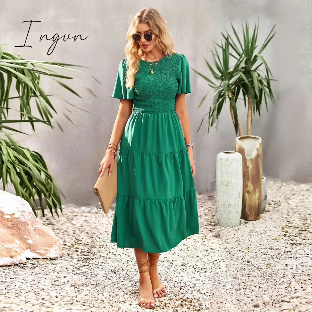 Ingvn - 2023 Spring Casual O Neck Lantern Sleeve Dress Women Loose Elegant Solid A-line Dress Lady Simple High Waist Klein Blue Dress