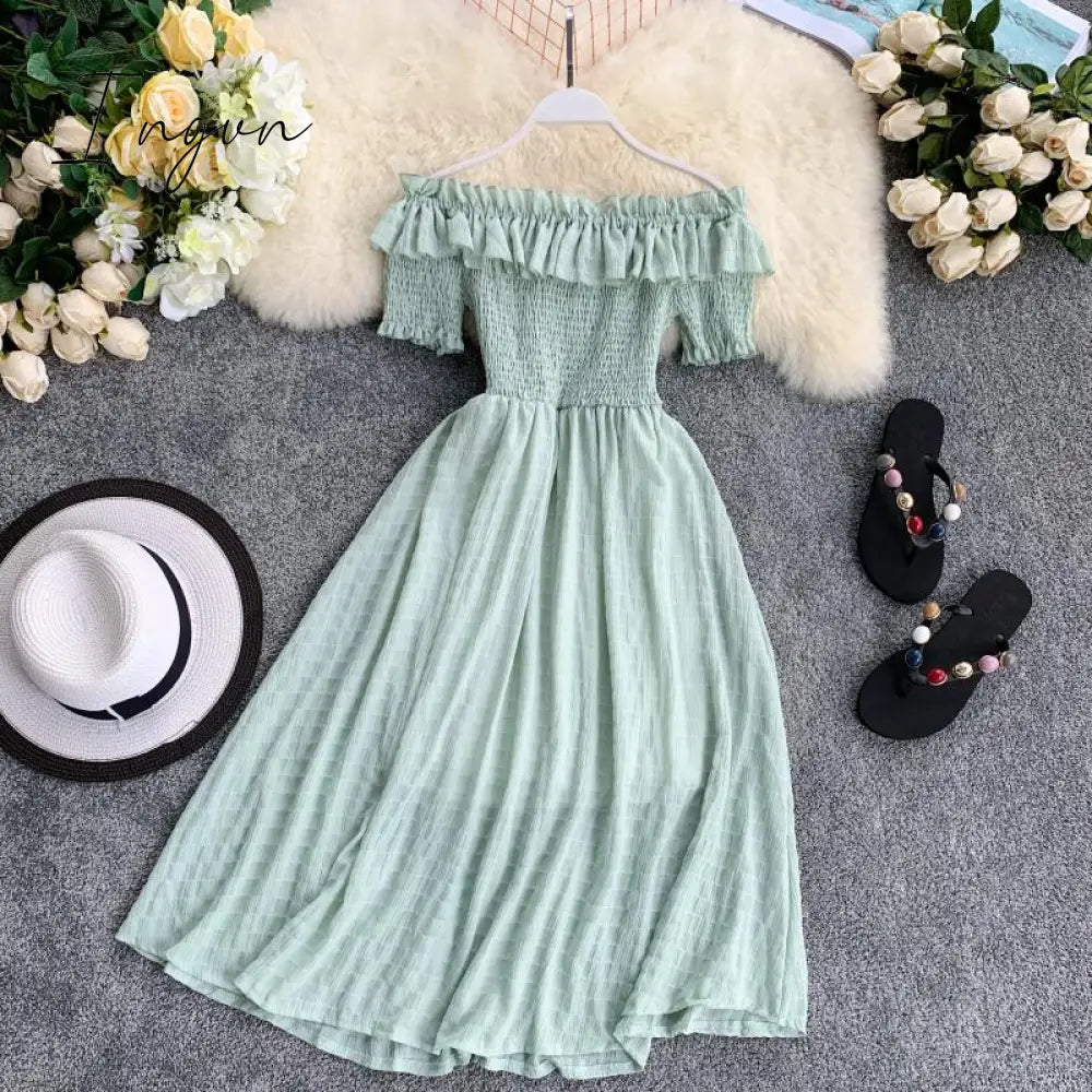 Ingvn - OCEANLOVE Women Summer Dresses Plaid Slash Neck Off Shouder Solid Vestidos Ruffles A-line High Waist Dress Robe Femme 11767