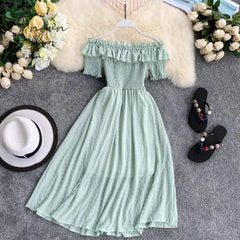 Ingvn - OCEANLOVE Women Summer Dresses Plaid Slash Neck Off Shouder Solid Vestidos Ruffles A-line High Waist Dress Robe Femme 11767