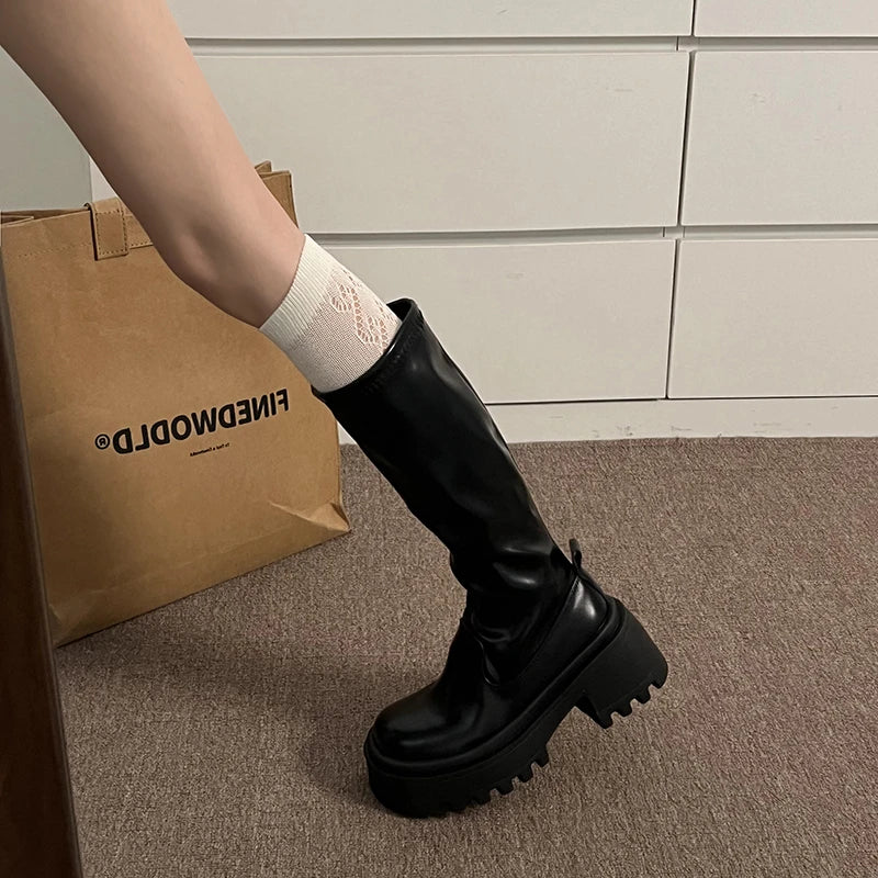 Ingvn  Winter Punk Style Women Knee High Boots Fashion Slip On Platform Long Booties Designer Square Heels Botas De Mujer