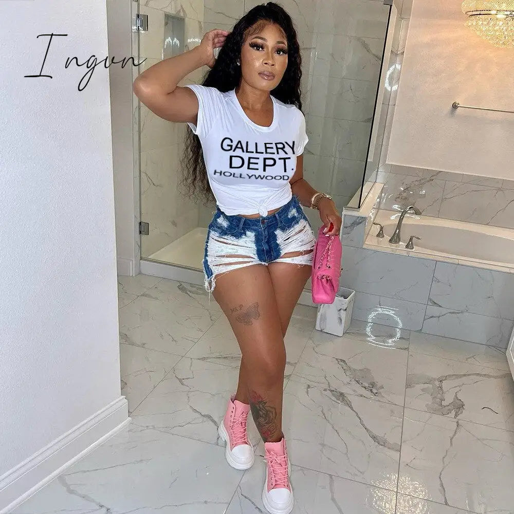 Ingvn - Y2K White Crop T Shirt Women Letter Print O-Neck Short Sleeve Casual Crop Tops Fashion Cute Streetwear Summer Slim Tees