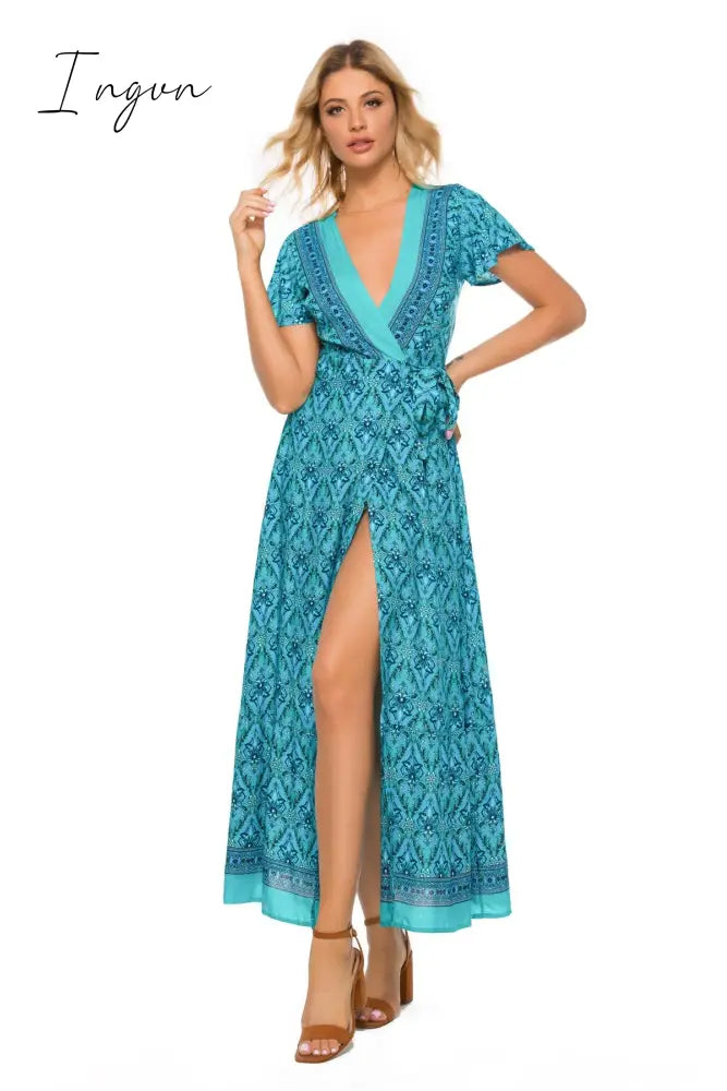Ingvn - Vintage chic vestidos women Floral print bat sleeve beach long Bohemian maxi dress Ladies sexy V neck  Summer Boho happie  dress