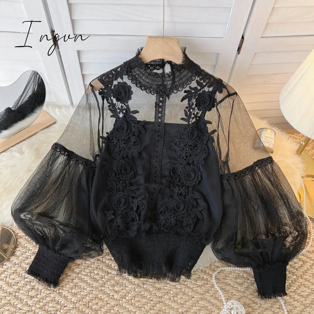Ingvn - spring Women Mesh Tops Fashion Sexy Sheer Lace Blouse Lantern Sleeve 3D Floral Blouses Shirts Elegant Top Blusas Femininas