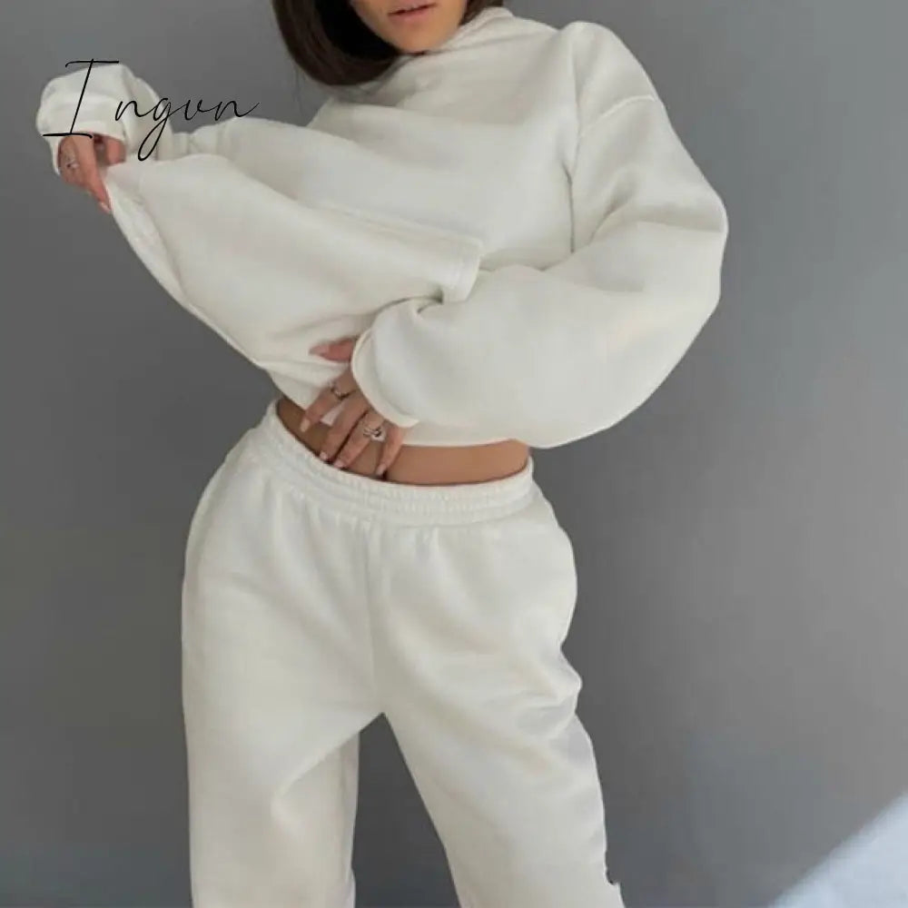 Ingvn - Women Elegant Solid Sets For Women Warm Hoodie Sweatshirts And Long Pant Fashion Two Piece Sets Ladies Lace Up Sweatshirt Suits