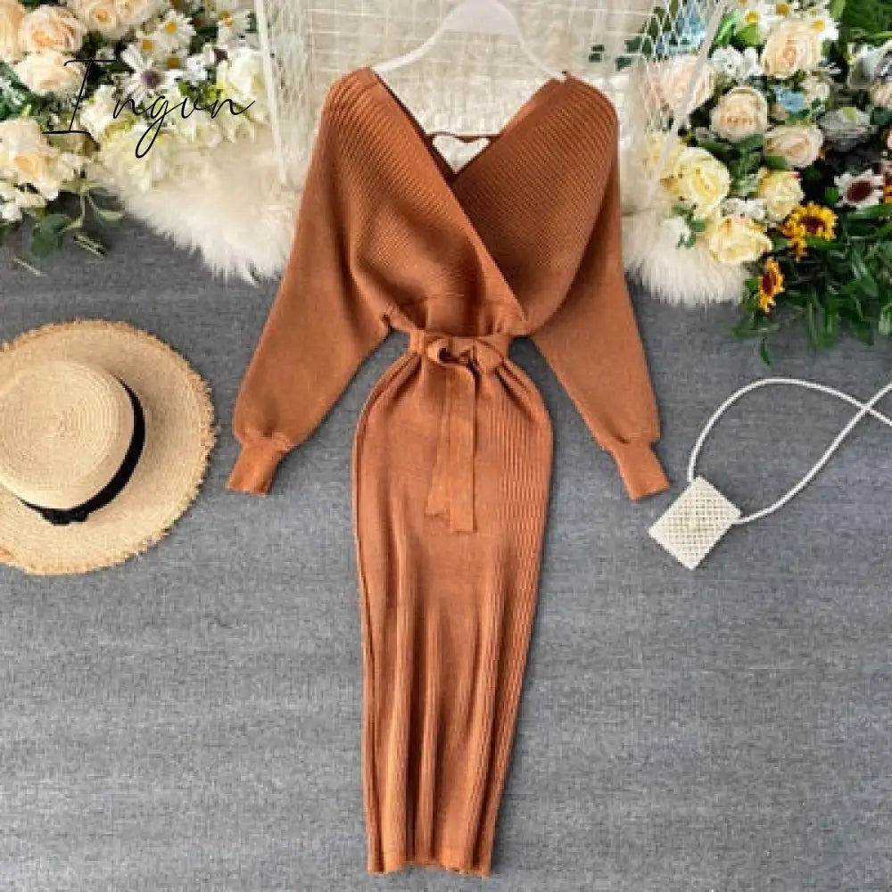 Ingvn - Sparkling Sexy Party Dress Woman Sweater Elegant Slim V-Neck Basic Knitted Green Vintage Dresses Female Autumn Winter Bat Sleeve