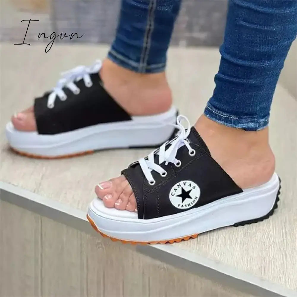 Ingvn - Casual Daily Peep Toe Canvas Lace-Up Sandals