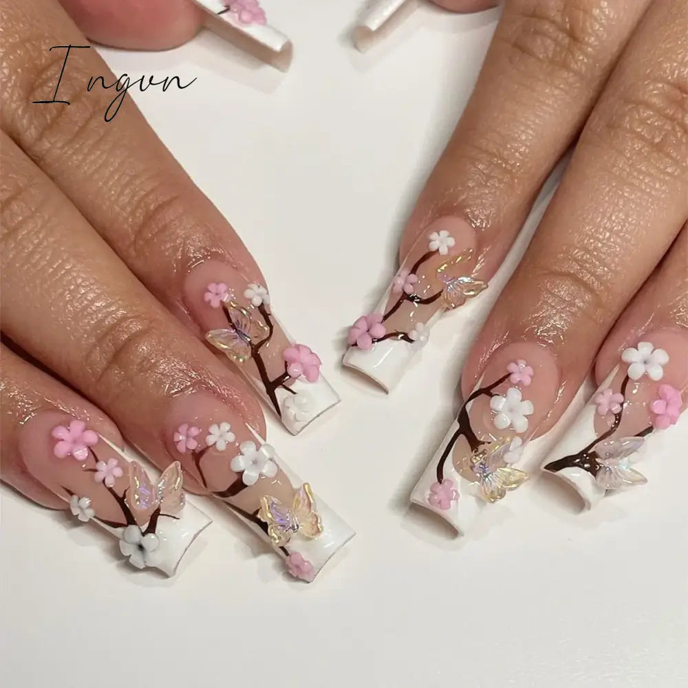24pcs Artifical Bails With Glue Fake Nail Tips With Design Detachable Press On Nails Long Fake Nail Finished Nail Piece Sticker