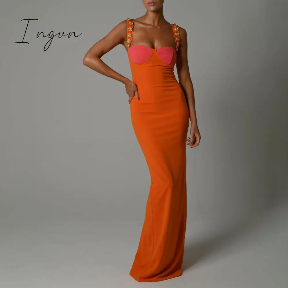 Ingvn - Elegant Strapless Sexy Bodycon Maxi Dress Summer Sleeveless Button Buckles Slim Bandage Long Party Women Dress Midi Vestidos