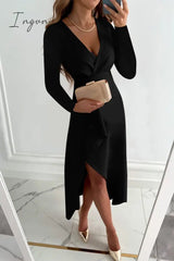 Ingvn - Fashion Solid Patchwork V Neck Asymmetrical Dresses(5 colors)