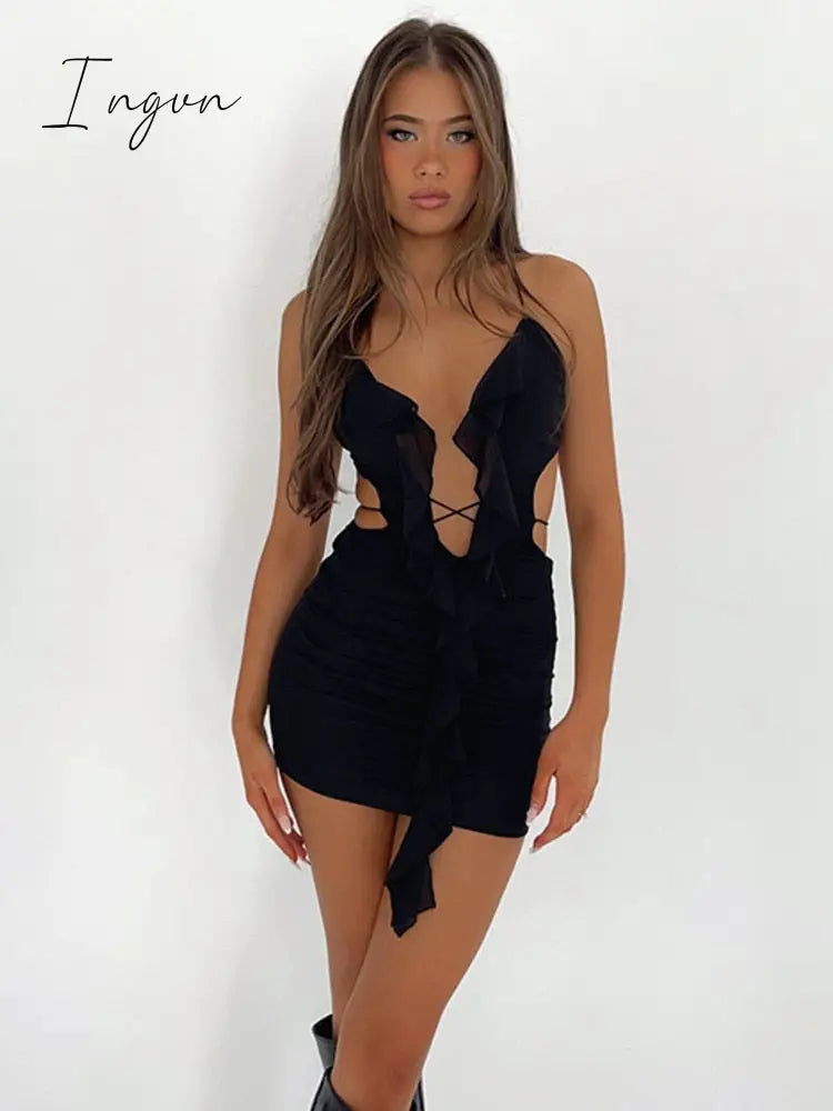 Ingvn - Hollow Out Ruffle Sexy Mini Dress For Women Robe Summer New Halter Backless Bodycon Beach Holiday Party Dress Vestido