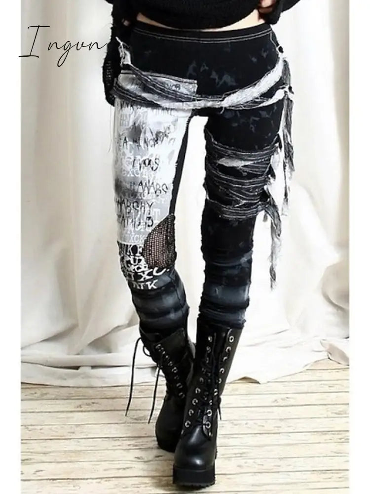 Ingvn - Women's cool ultra gathered pants Halloween gothic rocker distressed punk tie leggings gray black red s m l xl xxl