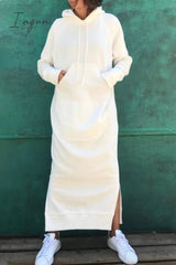 Ingvn - Casual Solid Draw String Pocket Hooded Collar Long Sleeve Dresses