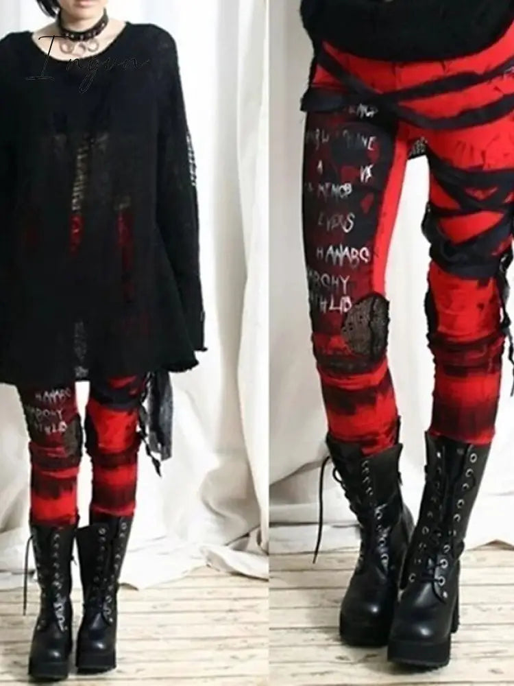 Ingvn - Women's cool ultra gathered pants Halloween gothic rocker distressed punk tie leggings gray black red s m l xl xxl
