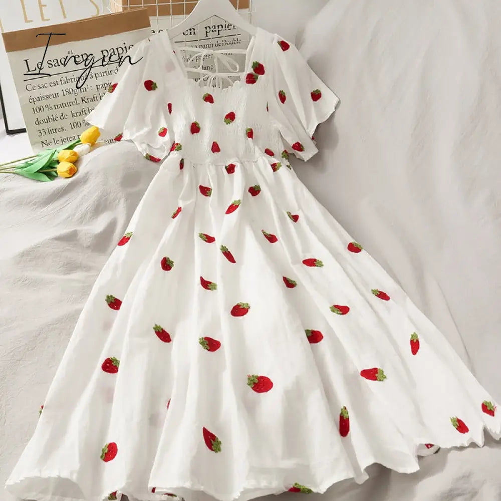 Ingvn - Strawberry Dress Cherry Kawaii Embroidery Puff Sleeve Dress Women Vintage White Square Neck Beach Dresses Korean Clothes
