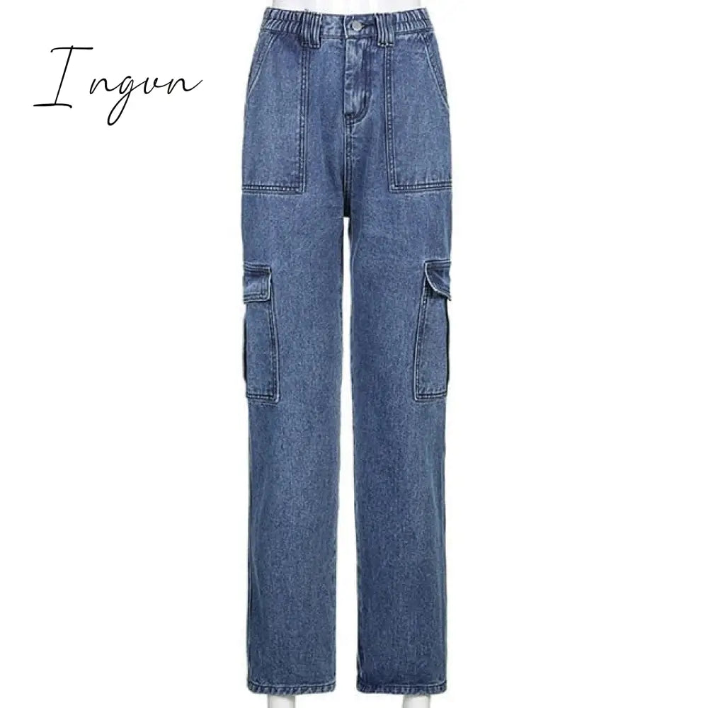 Ingvn - Weekeep Pockets Patchwork Baggy Jeans Fashion Streetwear 100% Cotton Women Denim Trouser Loose Cargo Pants Korean Jeans Harajuku