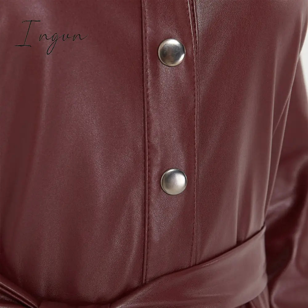 Ingvn - Winter Casual Sashes Pu Leather A-Line Dresses Women Turn-down Collar Long Sleeve Solid Color Knee Dress Office Lady Wear