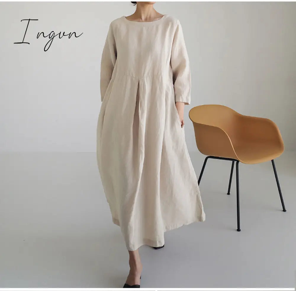 Ingvn - Women Summer Cotton dresses Nine-point Sleeves dress long Maxi dress loose robes casual Dress customized plus size dress boho Linen dress