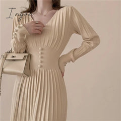 Ingvn - Gifts for women winter night out outfit Elegant Chic Pleated Sweater Dress Women's Slim French Femme Vestido Spring Autumn Winter Fashion Single-Breasted