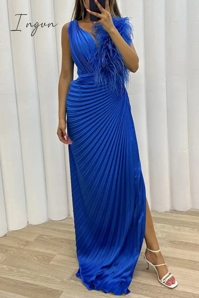 Ingvn - Sexy Solid Patchwork Pleated V Neck Long Dress Dresses
