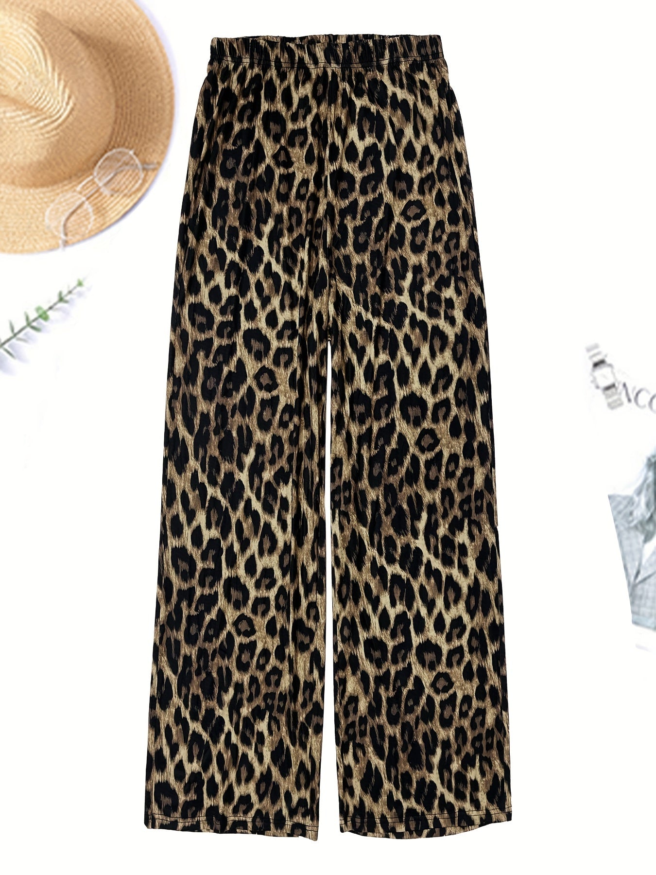Plus Size Casual Outfits Two Piece Set, Women's Plus Leopard Print Button Up Long Sleeve Turn Down Collar Blouse & Wide Leg Pants Outfits 2 Piece Set