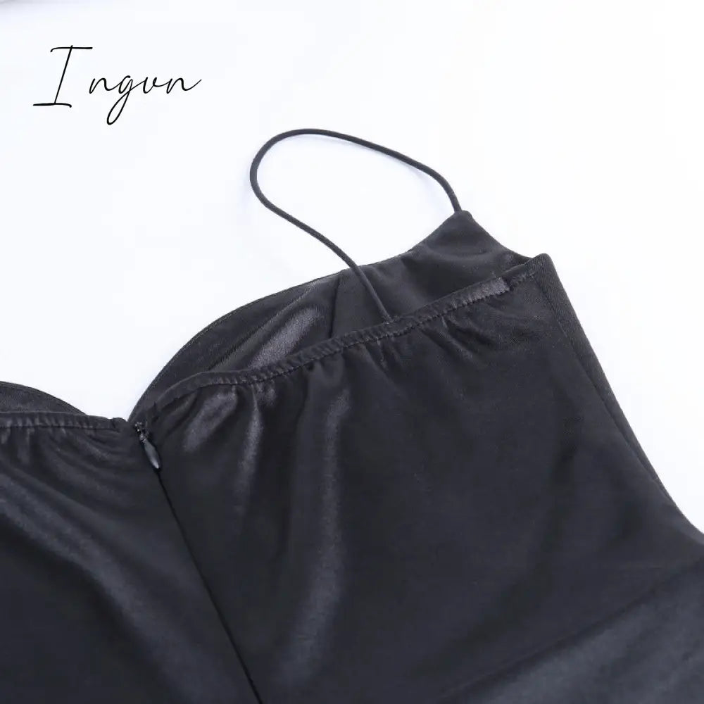 Ingvn - Summer Dresses For Women Sexy Black Satin Spaghetti Straps Low Cut Long Dress Women Summer Ruched Side High Split Maxi Dress Elegant Party Club