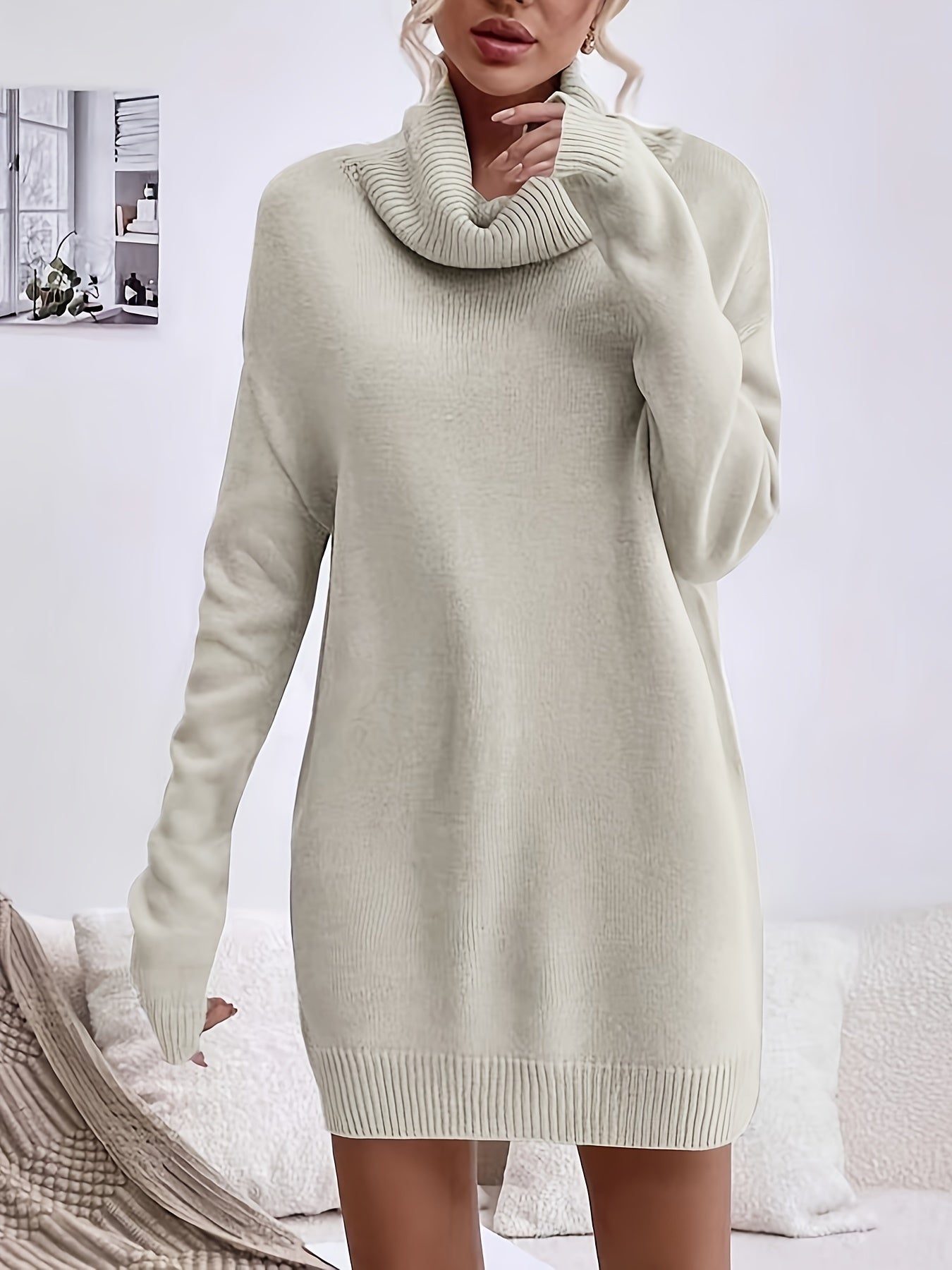 Cozy Solid Color Turtleneck Knit Dress - Versatile Casual Style - Long Sleeve, Soft Fabric, Figure-Hugging - Womens Winter Wardrobe Essential