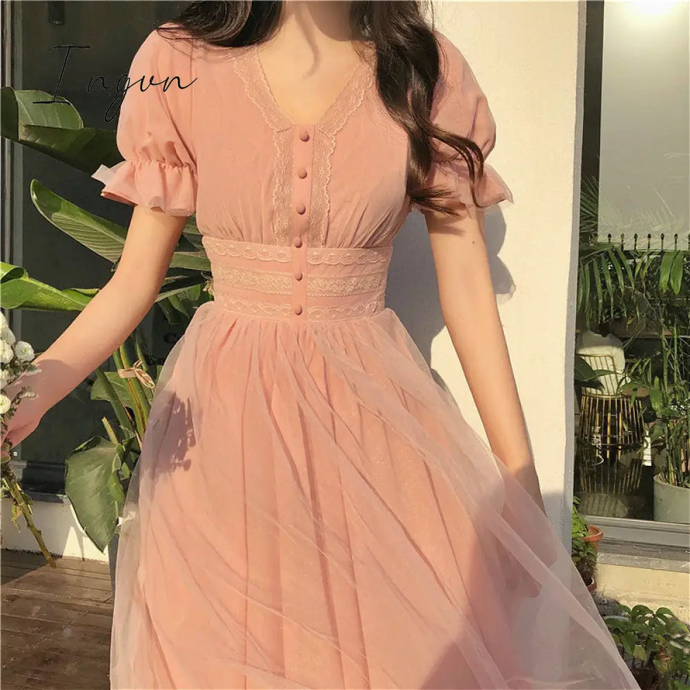 Ingvn - New Summer Mesh Dress Female V-neck Short Puff Sleeve A-line Women Dress Slim Korean Style Mesh Elegant Vintage Vestidos