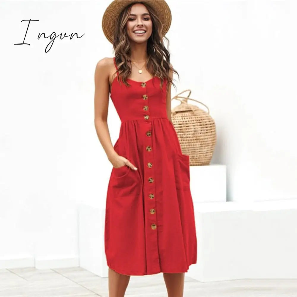 Ingvn - Boho Sexy Floral Dress Summer Vintage Casual Sundress Female Beach Dress Midi Button Backless Polka Dot Striped Women Dress
