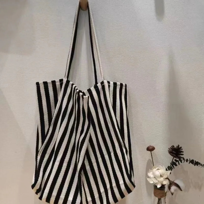 Ingvn  Korean Striped Double-sided Canvas Bag Summer New Niche Design Large Capacity Student Tote Bags